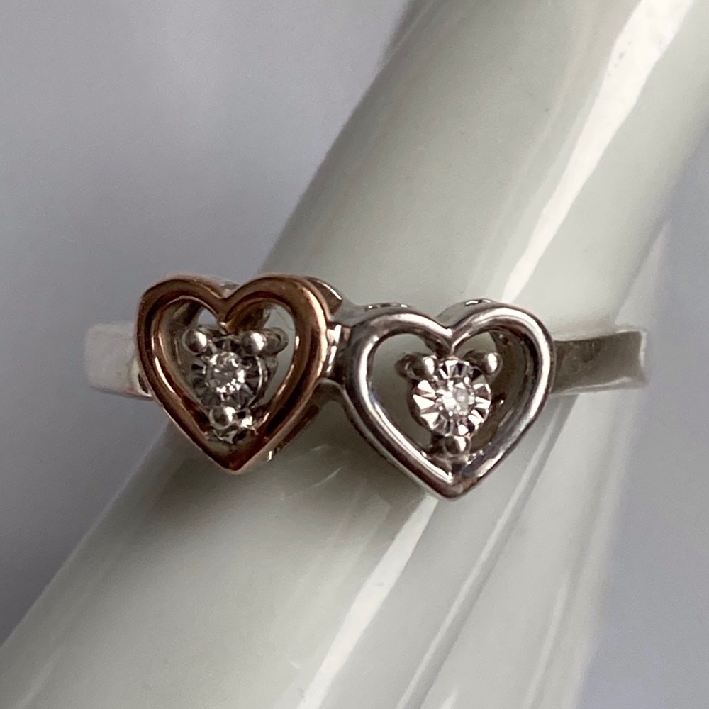 Ring with Silver and Gold Hearts and a Small Diamond in Each Heart Size 6.5